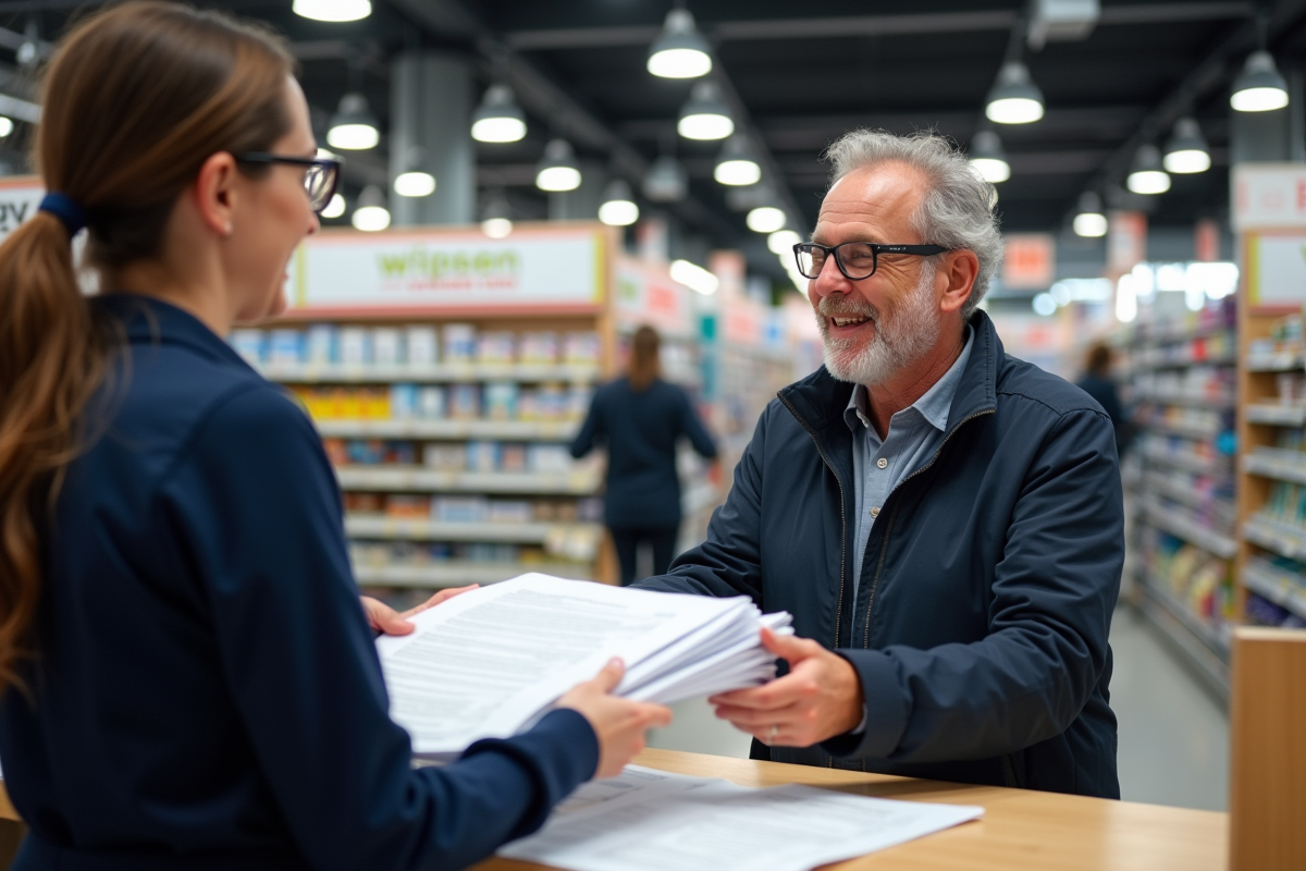 Homme recevant documents imprimés au comptoir du supermarche