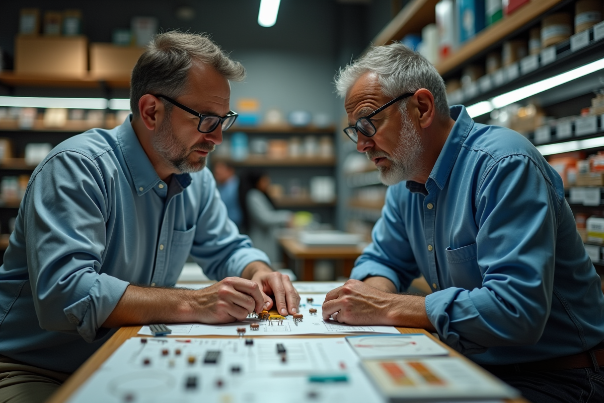 Homme compare résistances dans une boutique d électronique