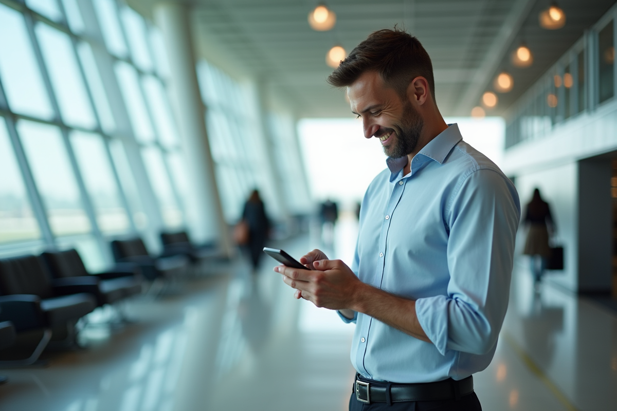 Homme souriant utilisant un chatbot sur son smartphone dans un aéroport
