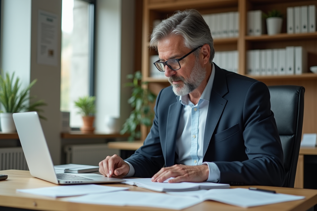 Homme d affaires utilisant une application de traduction au bureau