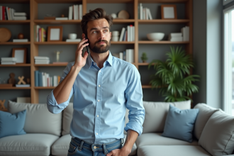 Homme en ville parlant au téléphone dans un salon moderne