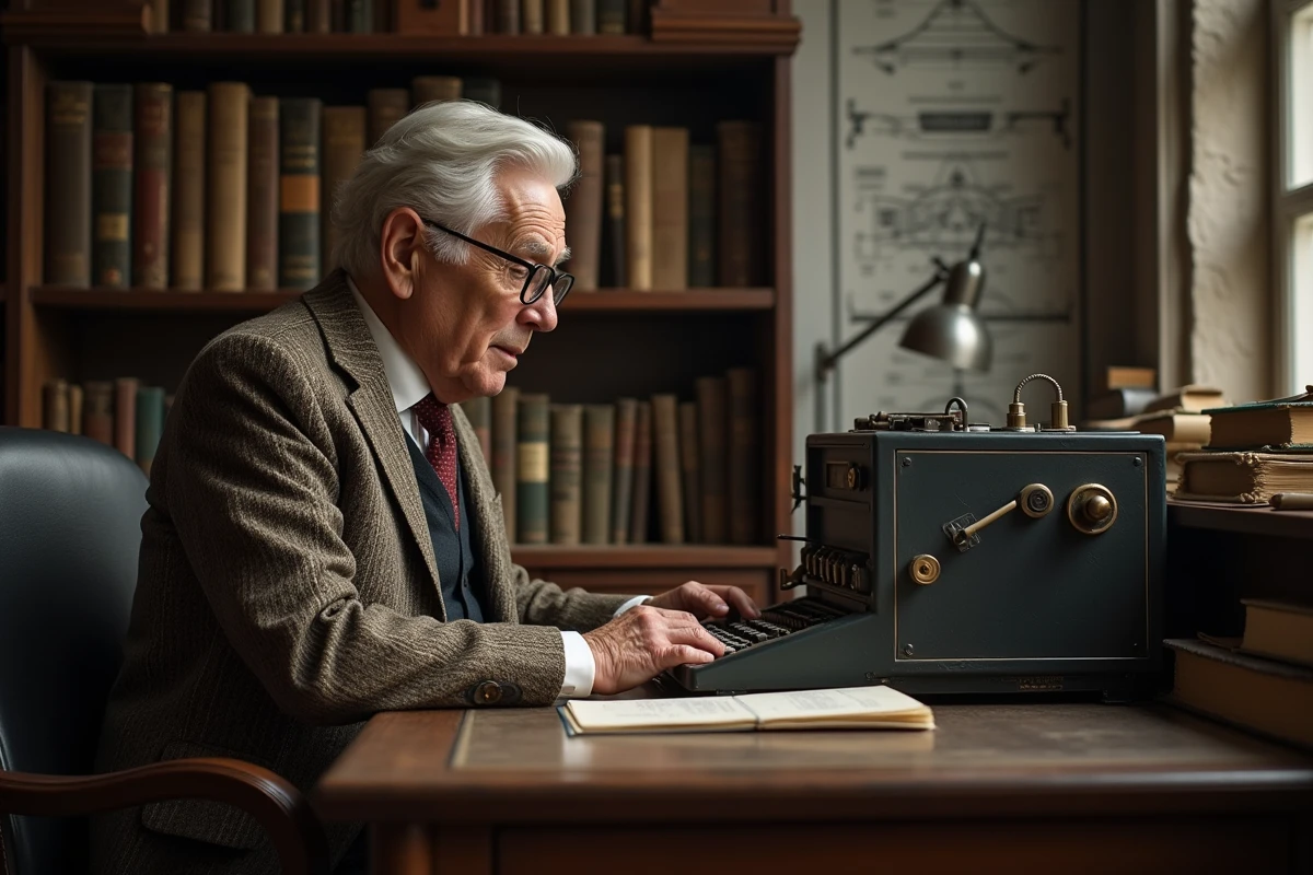 Homme âgé tapant sur machine à écrire dans un bureau vintage