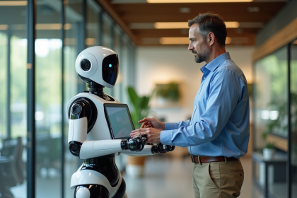 Ingénieur surveillant un robot de service dans un bureau moderne