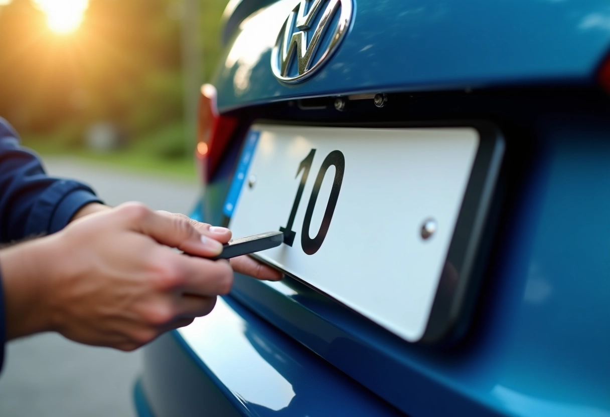 Main installant une nouvelle plaque 0 sur une voiture brillante
