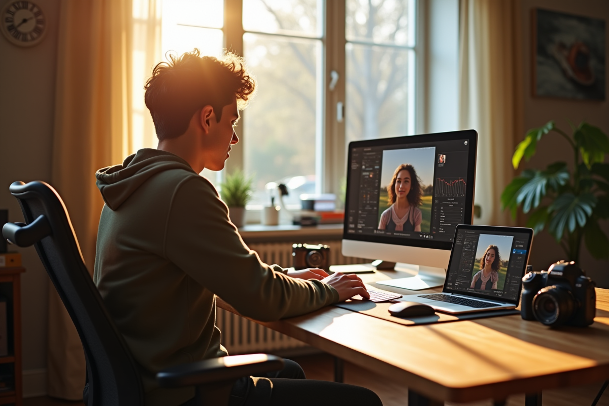 Jeune créateur de contenu dans un espace de travail lumineux