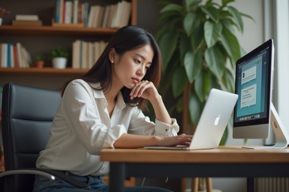 Jeune femme au bureau utilisant un chatbot sur son ordinateur portable