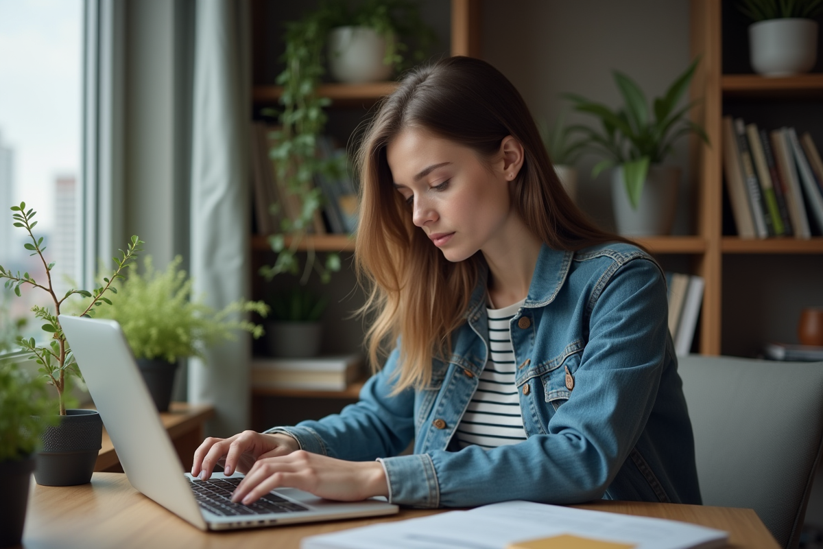 Jeune femme en bureau à domicile avec ordinateur et plantes