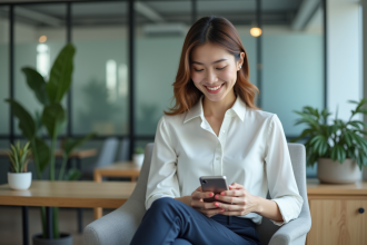 Jeune femme au bureau utilisant son smartphone pour travailler