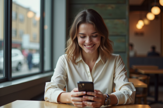 Jeune femme souriante utilisant son smartphone dans un café moderne