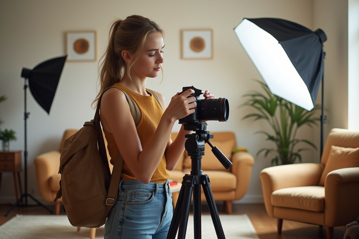 Jeune femme ajustant une caméra DSLR en vlog
