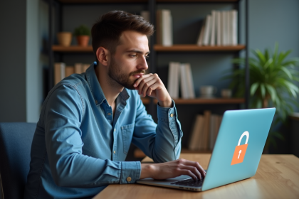 Jeune homme en casual utilisant un ordinateur portable dans un bureau moderne
