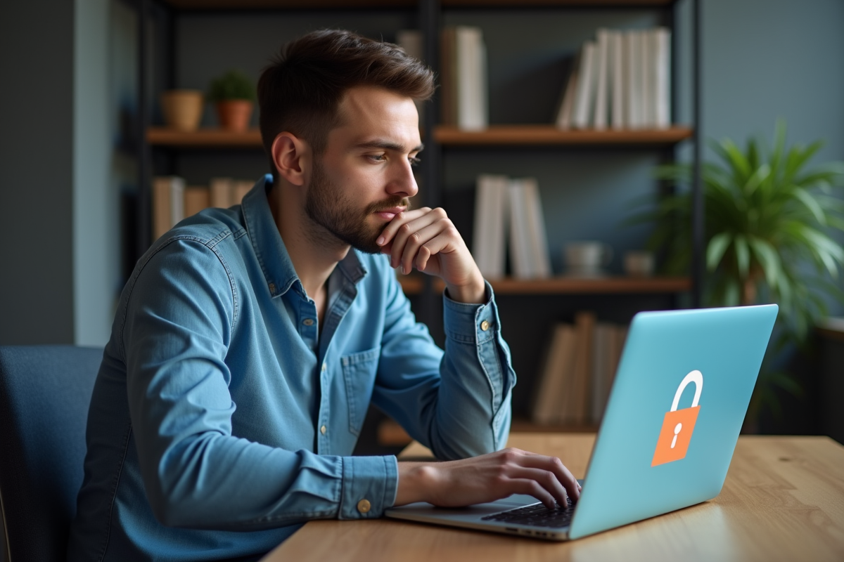 Jeune homme en casual utilisant un ordinateur portable dans un bureau moderne