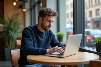 Jeune homme concentré sur son ordinateur dans un café moderne
