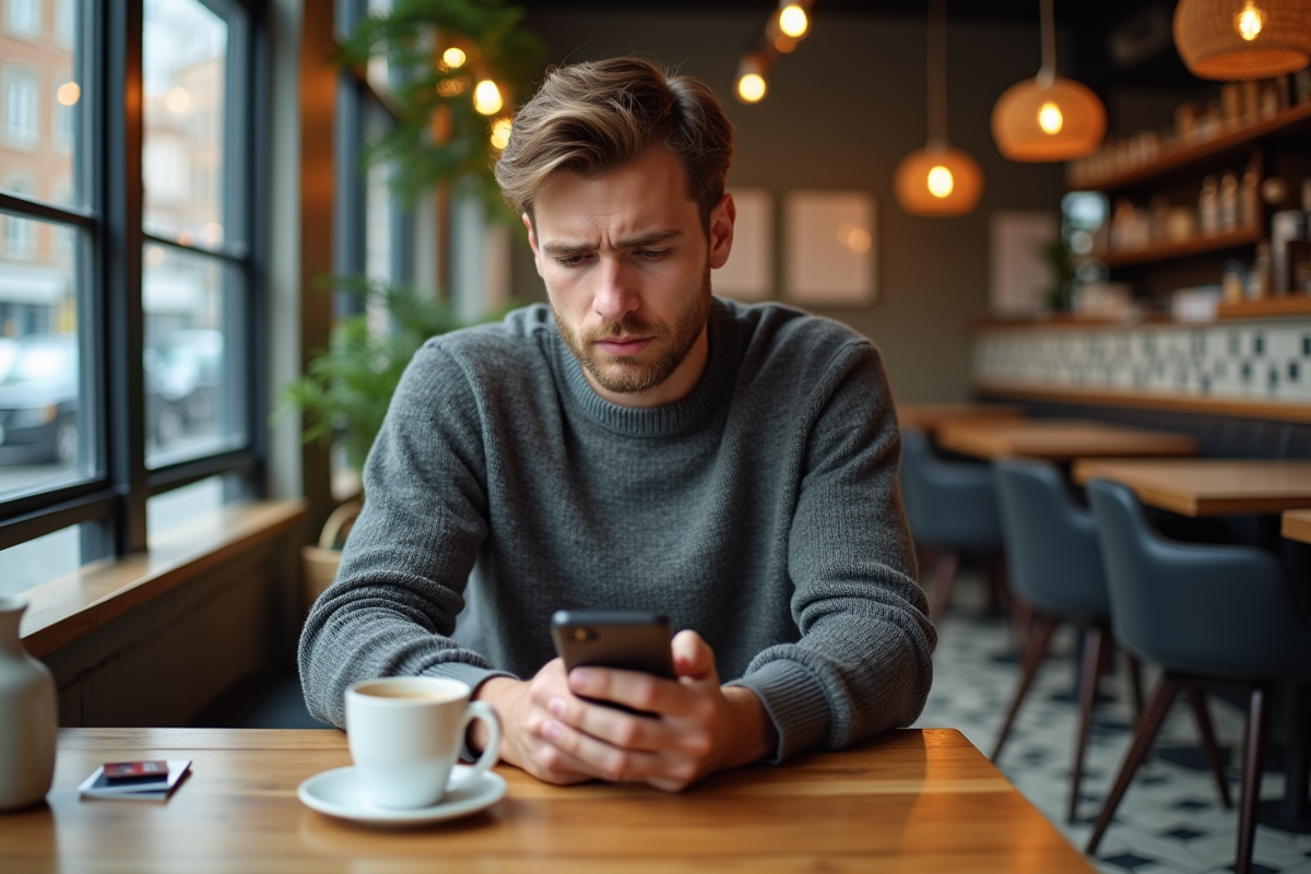 Jeune homme regardant son smartphone au café