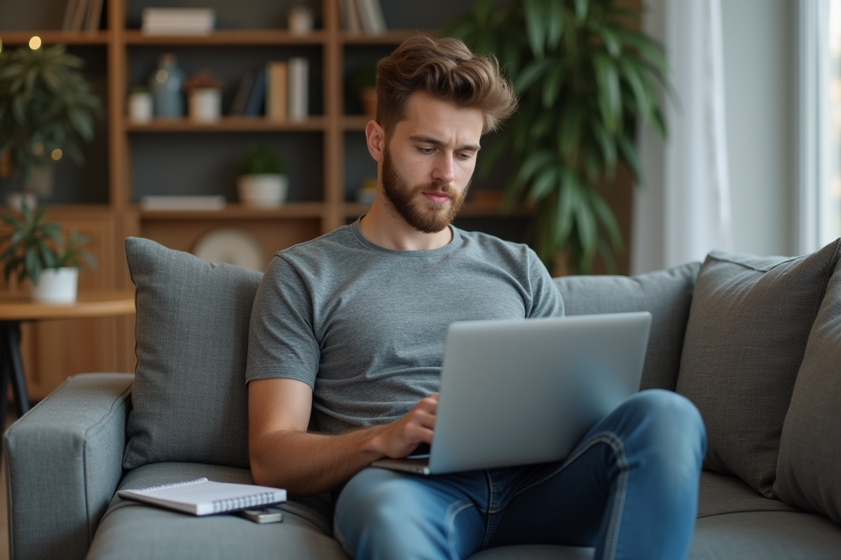 Jeune homme discutant avec un chatbot à la maison