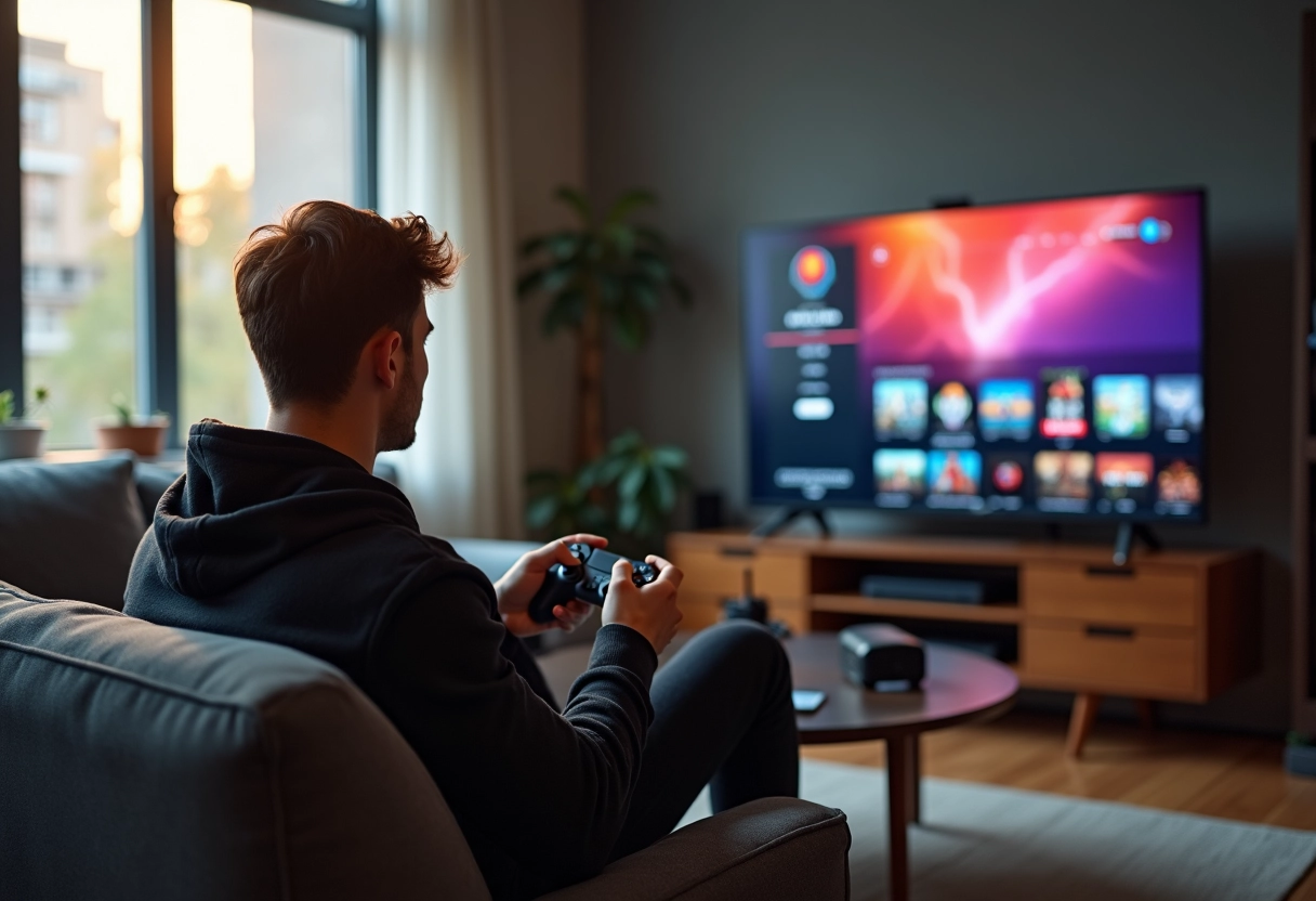 Jeune homme seul dans un appartement urbain jouant à la console