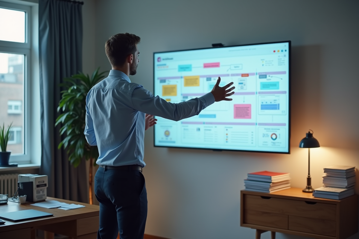 Jeune homme pointant un écran avec un flux d