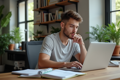 Jeune homme étudiant stratégie SEO dans un bureau lumineux