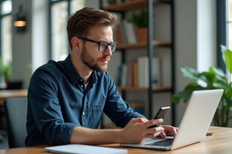 Jeune homme informatique concentré avec smartphone dans un bureau moderne