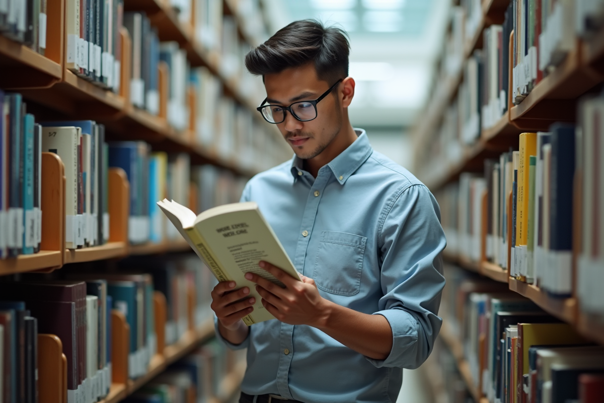 Jeune homme feuilletant un guide Excel dans une bibliothèque moderne