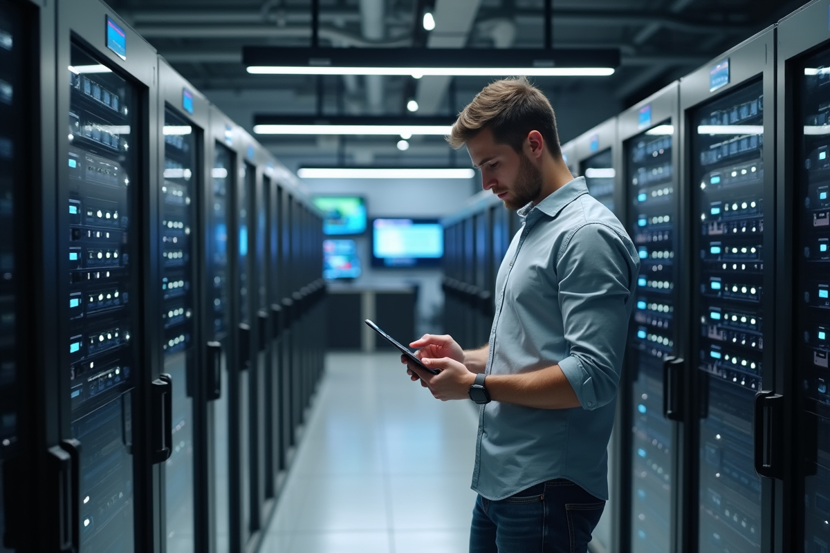 Jeune homme vérifiant un serveur dans une salle technique