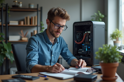 Jeune homme en train d'améliorer un ordinateur à domicile