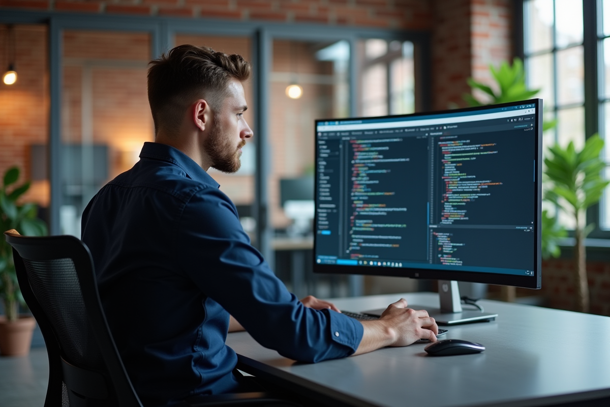Jeune informaticien codant sur un moniteur dans un bureau hightech