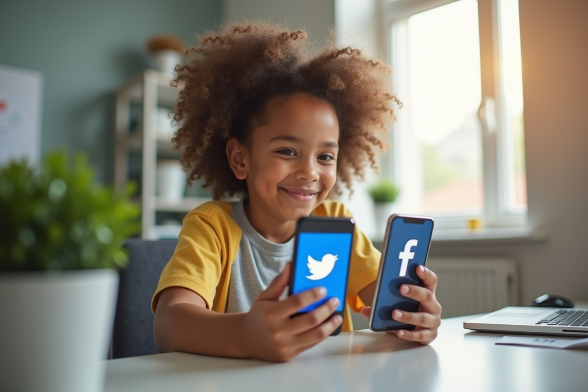 Jeune personne tenant plusieurs smartphones avec logos sociaux