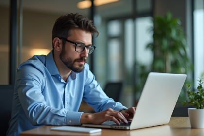 Jeune homme professionnel concentré sur son ordinateur dans un bureau moderne