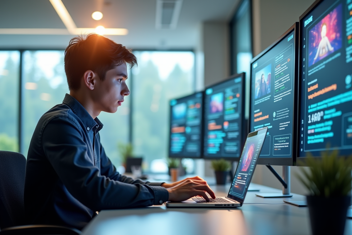 Jeune professionnel utilisant un ordinateur portable sur un bureau lumineux