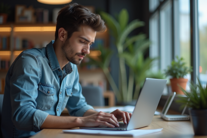 Jeune journaliste concentré à son bureau moderne