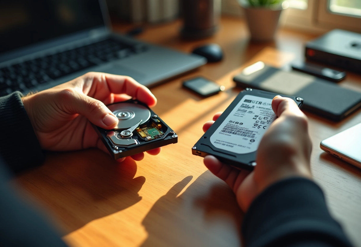 Mains tenant un HDD et un SSD avec des outils informatiques sur une table en bois