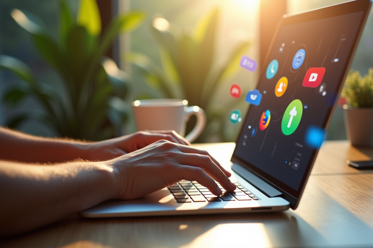 Mains utilisant un ordinateur portable avec logos web colorés au-dessus