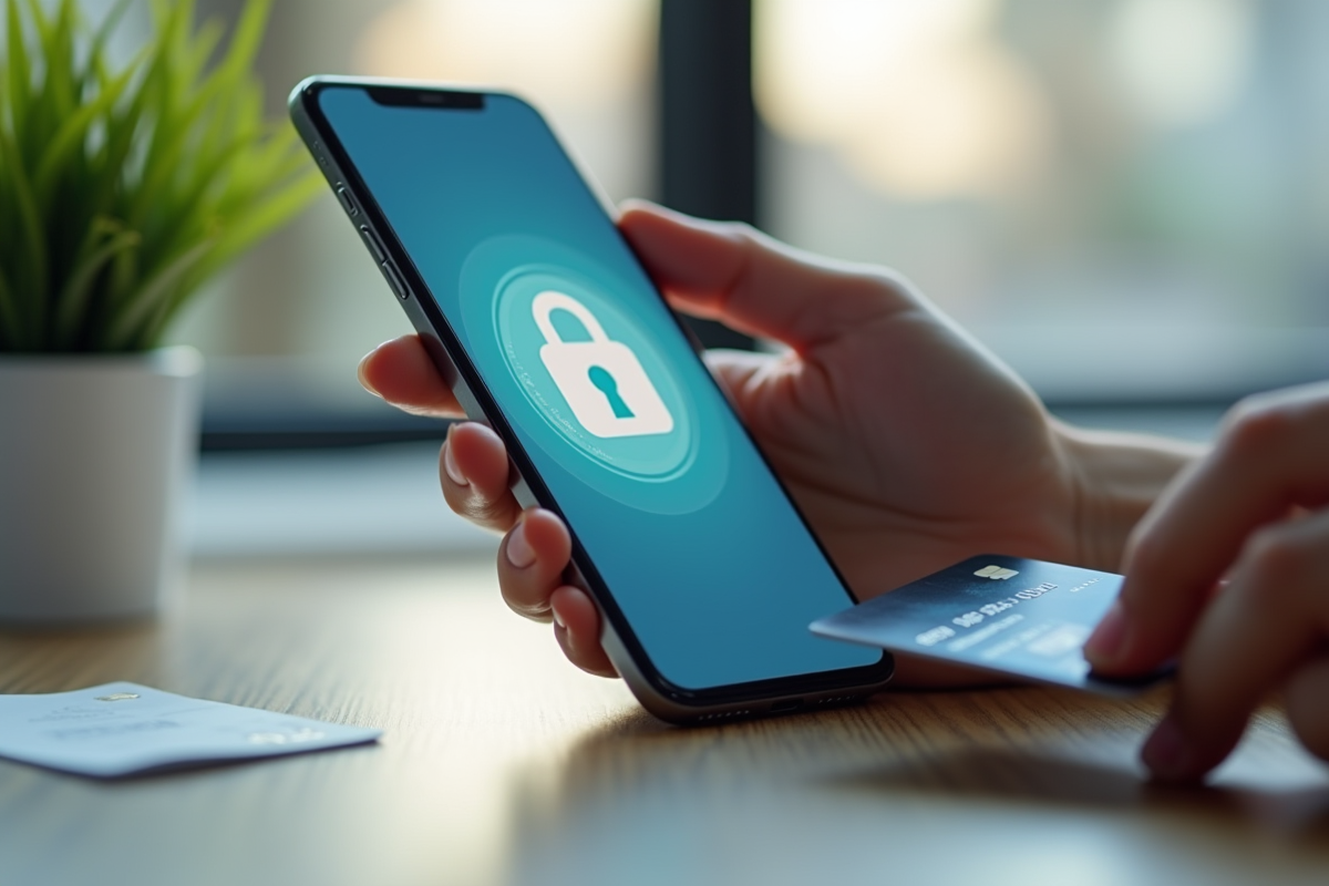 Mains tenant un smartphone avec une application bancaire sécurisée