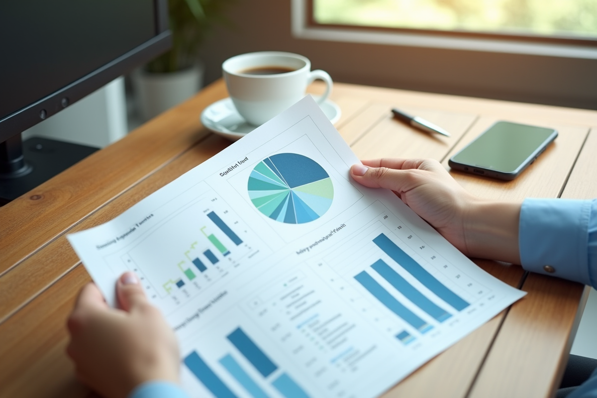 Mains tenant des graphiques Excel avec une tasse de cafe sur un bureau en bois