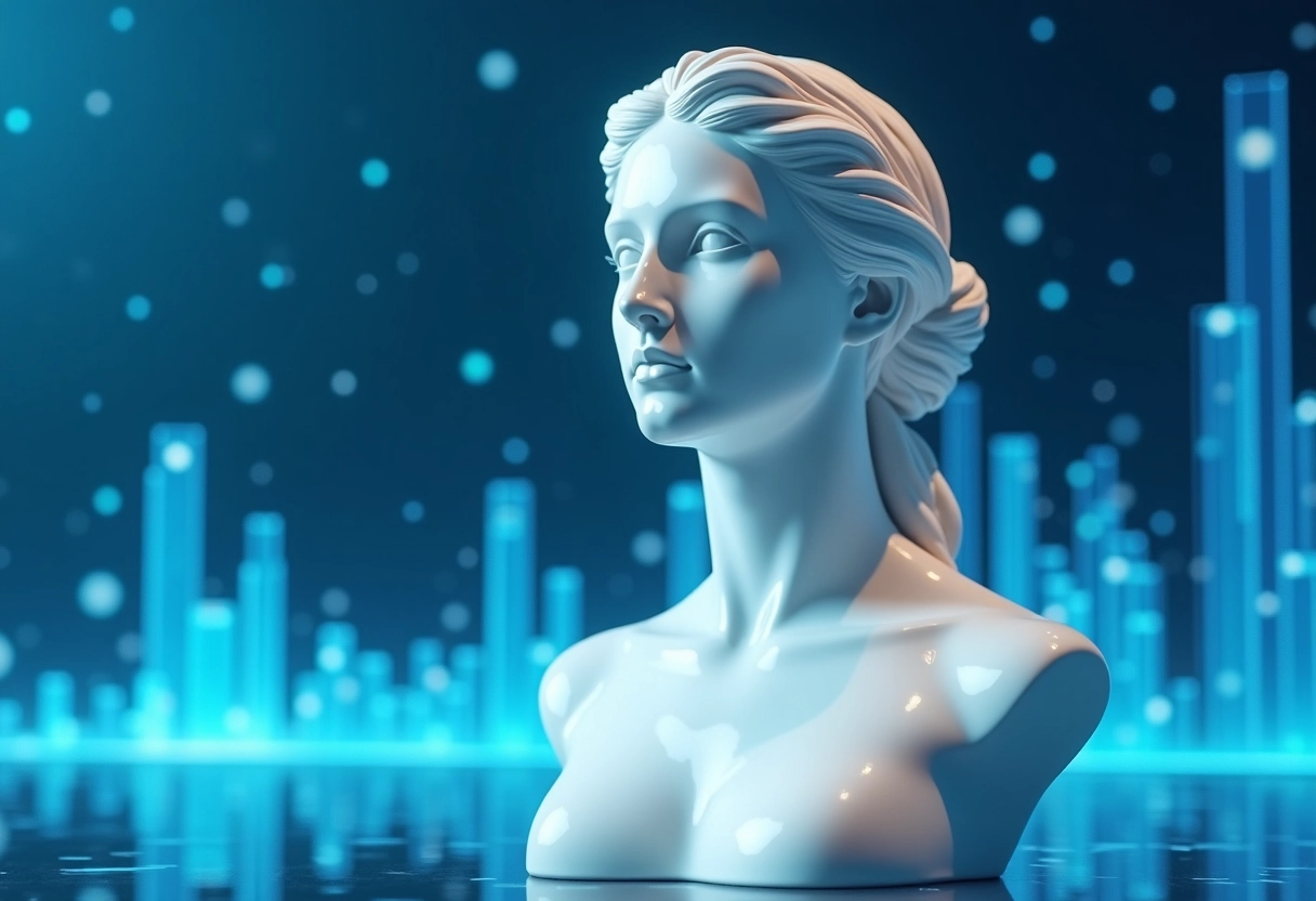 Statue de Marianne avec hologrammes et circuits numériques