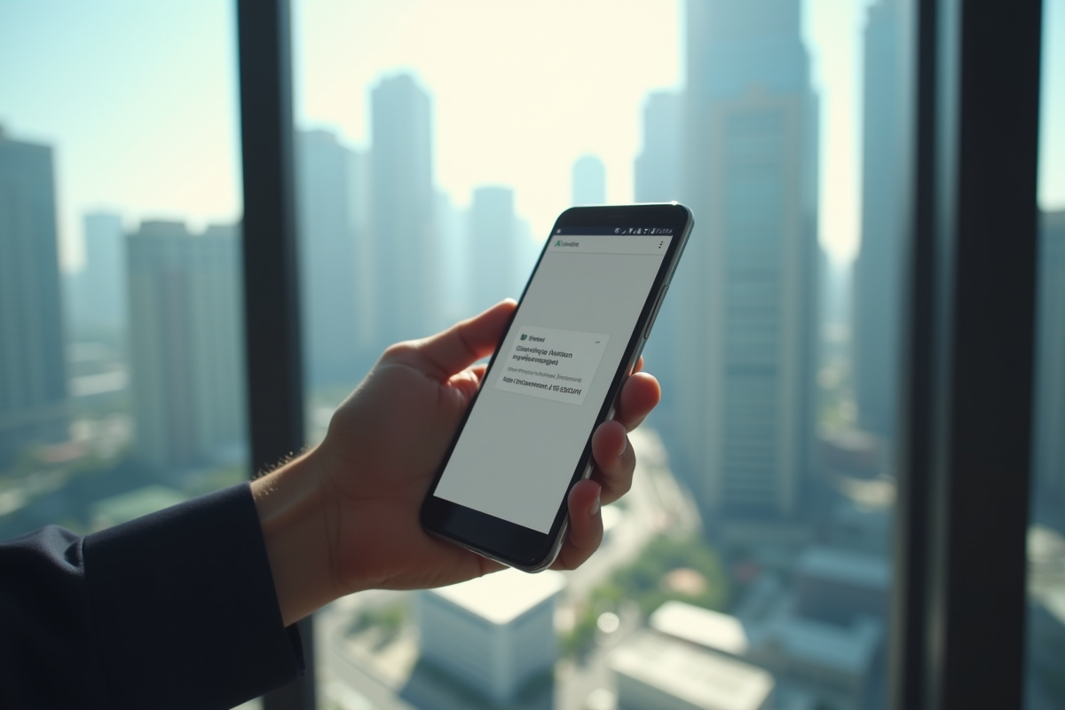 Main tenant un smartphone avec une nouvelle notification mail urbaine