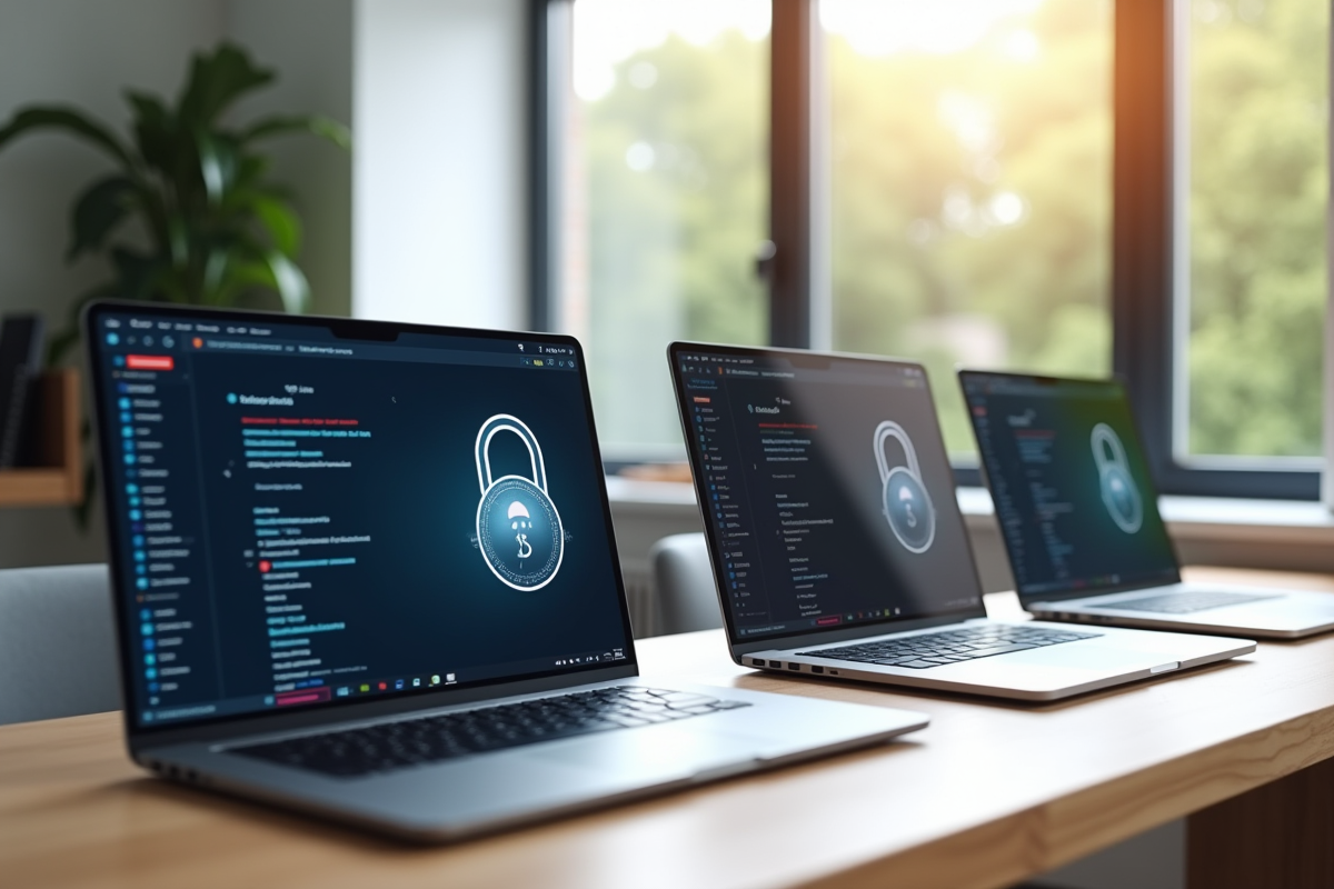 Trois ordinateurs portables avec interfaces VPN sur bureau lumineux
