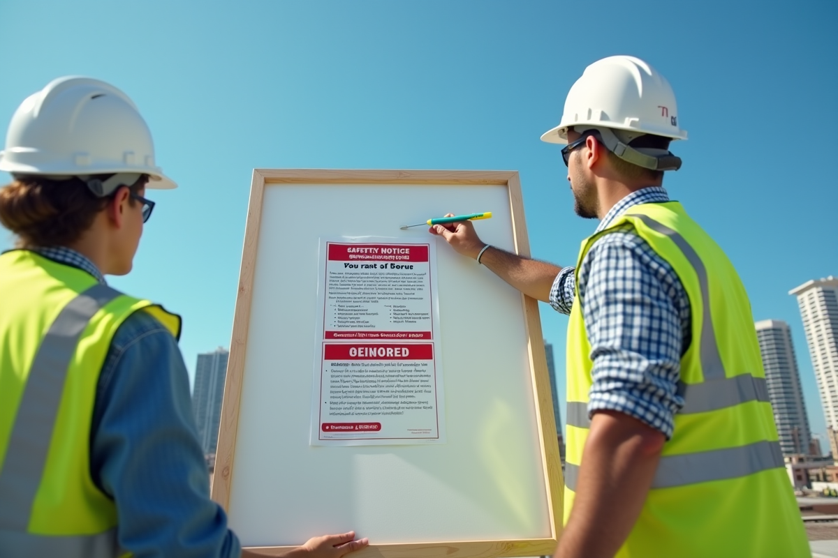Ouvrier en sécurité affichant une notice de sécurité