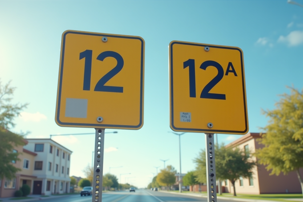 Panneaux de route 12 et 12a côte à côte en plein soleil