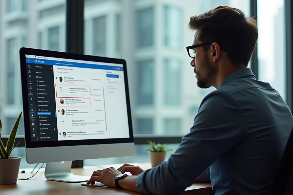 Personne travaillant sur un bureau avec Outlook et flux RSS
