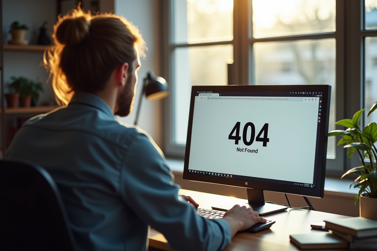 Personne devant un ordinateur affichant une erreur 404 dans un bureau lumineux