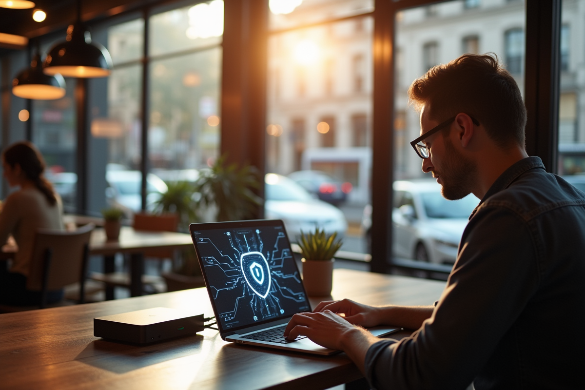 Personne travaillant dans un café connecté à un dispositif edge