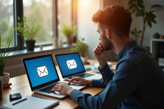 Personne comparant des écrans d'ordinateurs portables avec logos de fournisseurs d'e-mails