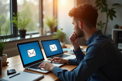 Personne comparant des écrans d'ordinateurs portables avec logos de fournisseurs d'e-mails