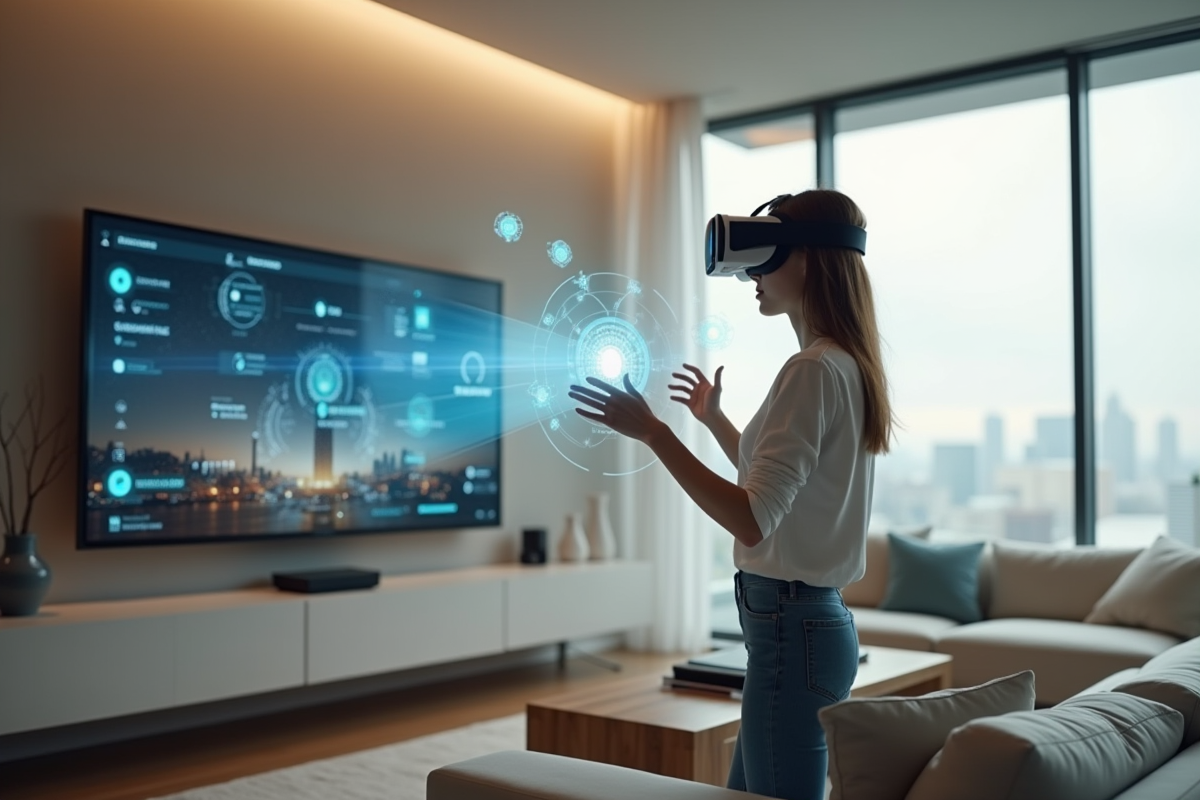 Personne portant un casque VR dans un salon moderne
