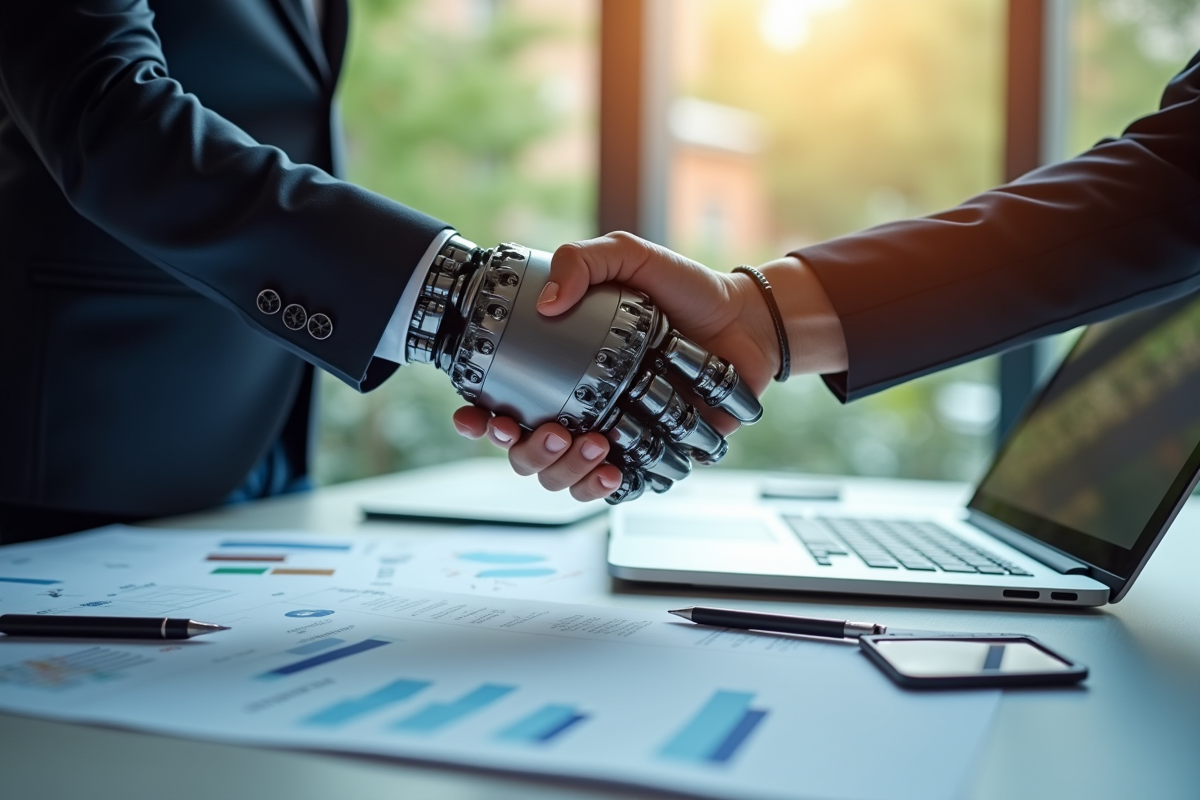 Poignée de main entre humain et robot sur un bureau avec documents marketing et logiciel AI