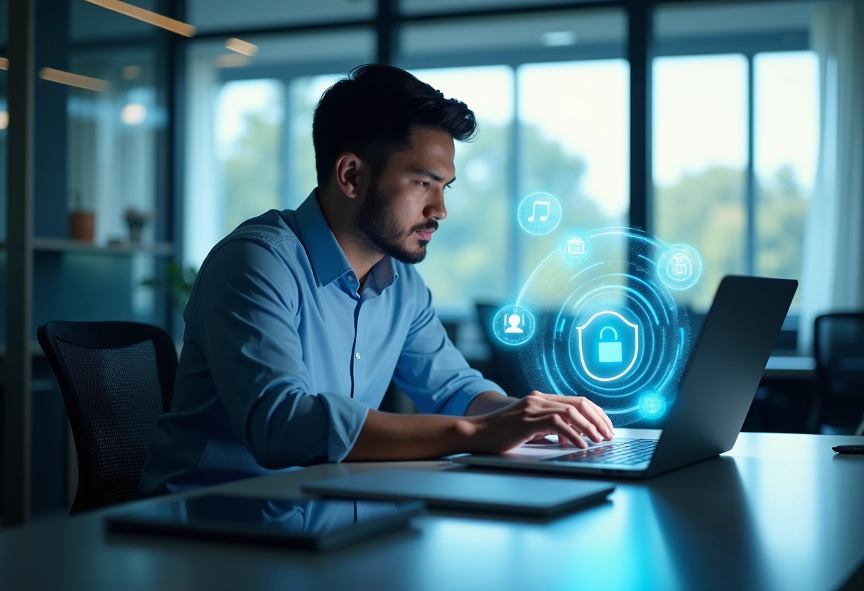Homme d affaires travaillant avec firewall virtuel