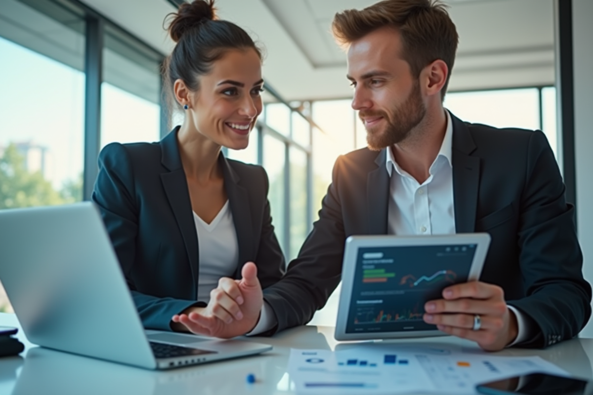 Deux professionnels analysant des données marketing dans un bureau lumineux