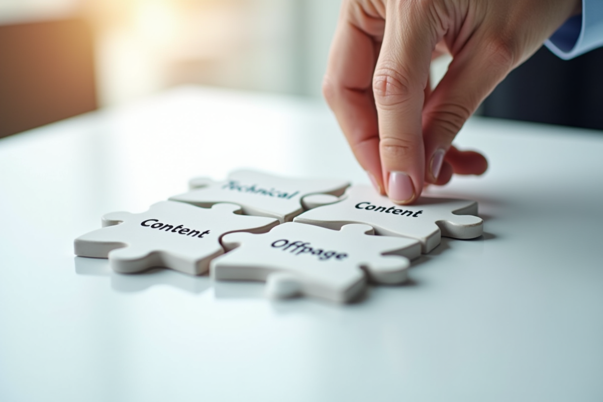 Quatre pièces de puzzle représentant SEO technique contenu et offpage